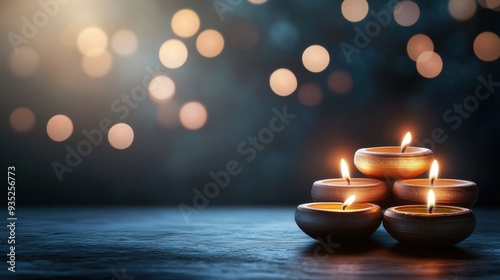 Beautifully lit candles create a serene atmosphere with warm glow and soft bokeh background, perfect for relaxation and ambiance. photo