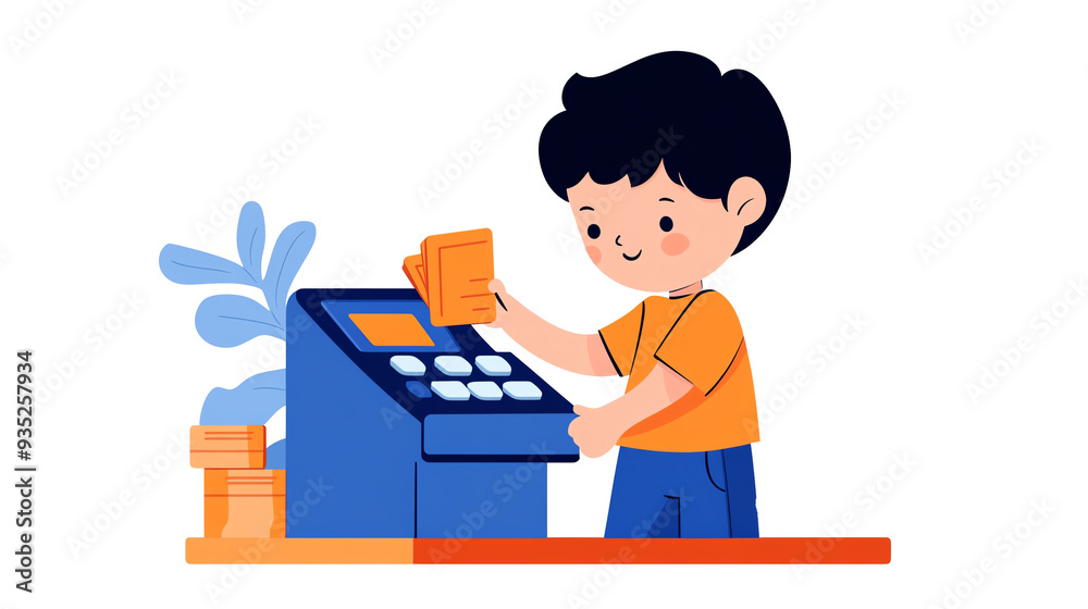 Child with a toy cash register, learning about purchases, flat design illustration, transparent background Child with a toy cash register, learning about purchases, flat design illustration, transparent background