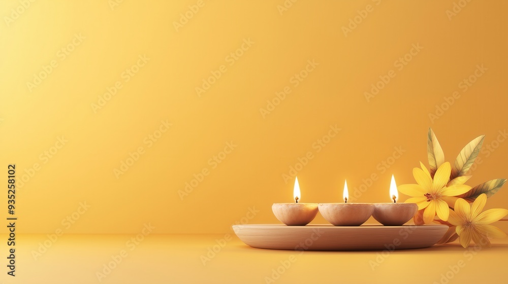 Serene yellow background with three lit candles and a delicate flower, perfect for relaxation and wellness themes. Serene yellow background with three lit candles and a delicate flower, perfect for relaxation and wellness themes.