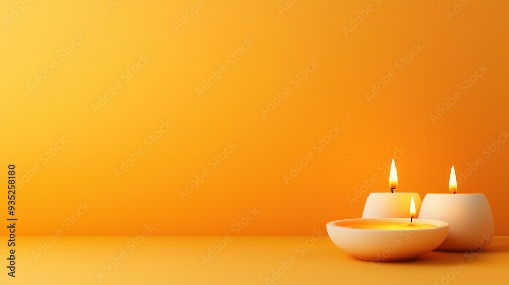 Two beautiful candles glowing on a warm orange background, creating a serene and calming atmosphere for relaxation or meditation.