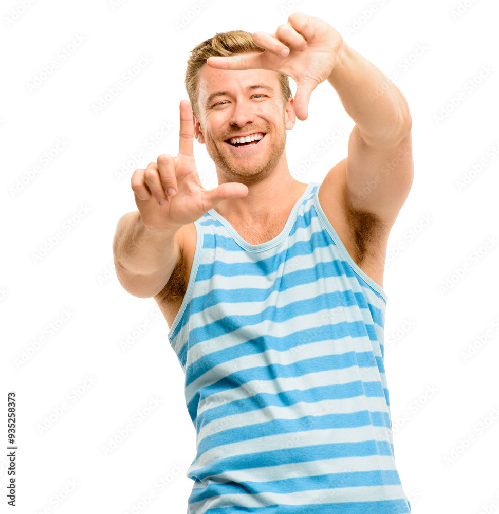 Hands, frame and portrait of happy man in studio with smile for confidence, pride or positive attitude. Isolated, finger and person with gesture for photography, picture or face on white background Hands, frame and portrait of happy man in studio with smile for confidence, pride or positive attitude. Isolated, finger and person with gesture for photography, picture or face on white background