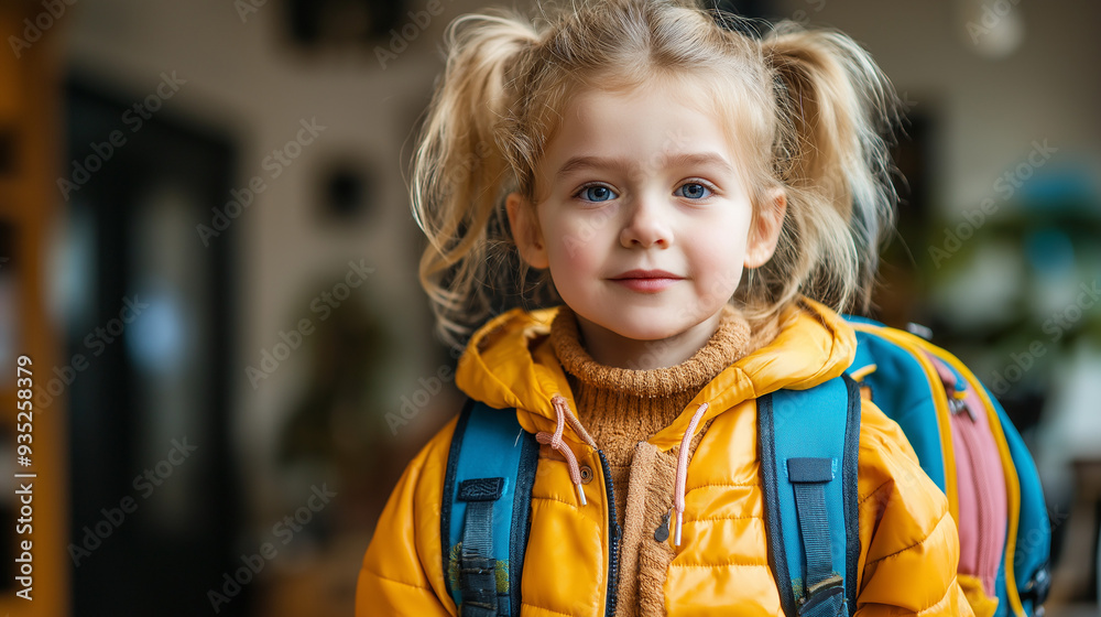 Young girl wearing a bright yellow jacket and backpack stands ready for school during morning preparations Young girl wearing a bright yellow jacket and backpack stands ready for school during morning preparations