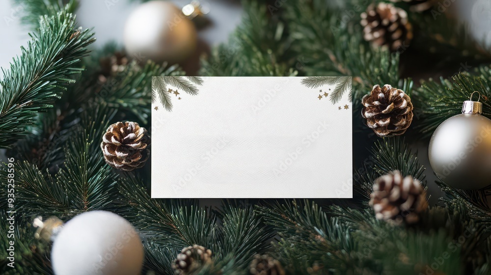 Obraz premium Elegant Christmasthemed business card mockup with pine branches and ornaments, blank space for text, business card, Christmas, mockup