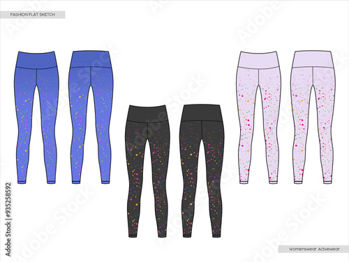 Activewear paint splash printed sports bra fashion flat sketch. Technical drawings Illustrator vector template.