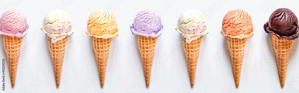 A set of ice cream cones with different flavors is isolated on a white background, showcasing detailed aesthetics and high resolution. A set of ice cream cones with different flavors is isolated on a white background, showcasing detailed aesthetics and high resolution.
