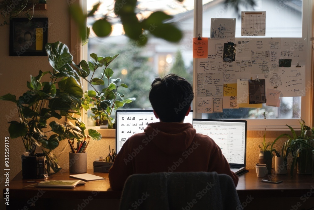 An individual reviews their long-term goals in a cozy home office, with a vision board and achievement tracker on display