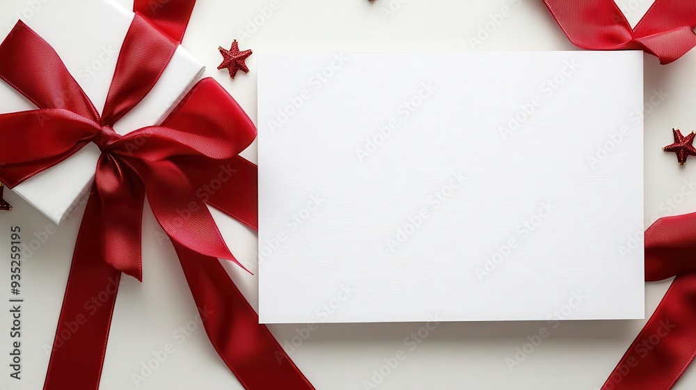 Elegant festive background with blank white card, red ribbon, and gift box. Perfect for holiday greetings, invitations, and celebrations. Elegant festive background with blank white card, red ribbon, and gift box. Perfect for holiday greetings, invitations, and celebrations.