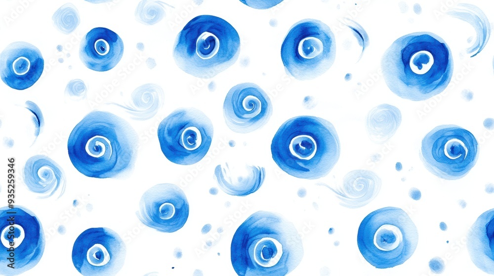 Fototapeta premium A seamless watercolor illustration of blue boho spirals with an abstract pattern, set against a white background.