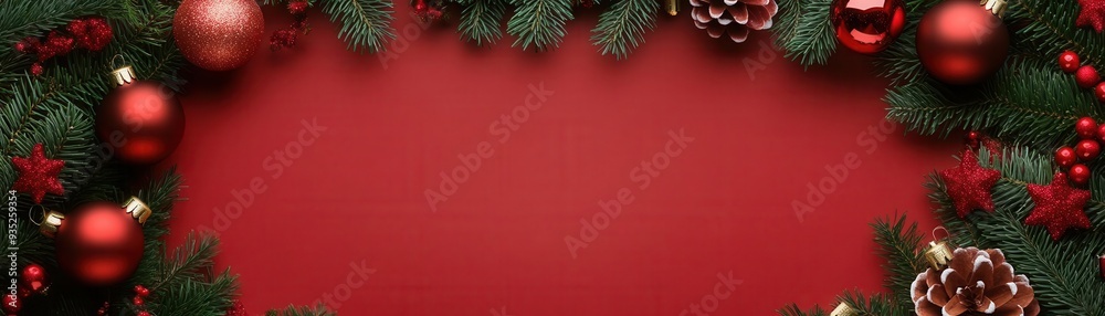 Festive Christmas background with pine branches, red ornaments, and pine cones isolated on a red backdrop, creating holiday cheer. Festive Christmas background with pine branches, red ornaments, and pine cones isolated on a red backdrop, creating holiday cheer.