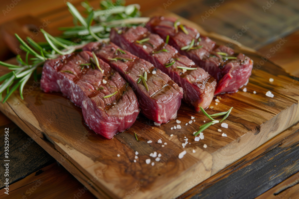 Beef steaks cut into strips on a wooden board with rosemary and salt against a backdrop. Beef steaks cut into strips on a wooden board with rosemary and salt against a backdrop.