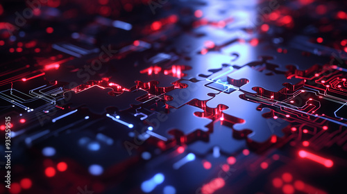 Interlocking digital puzzle pieces hovering over a dynamic, tech-inspired backdrop with glowing circuits, illustrating the concept of API interoperability photo