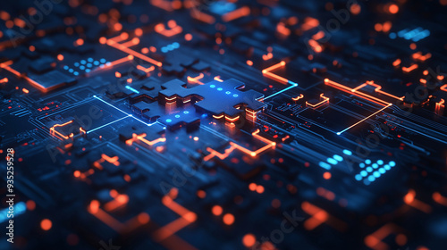 Interlocking digital puzzle pieces hovering over a dynamic, tech-inspired backdrop with glowing circuits, illustrating the concept of API interoperability photo