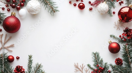Festive Christmas border with ornaments, pine cones, and fir branches on a white background, perfect for seasonal greeting cards.
