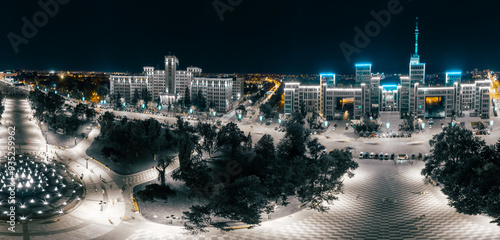Vászonkép Aerial grayscale panorama of Derzhprom and National University buildings on Free