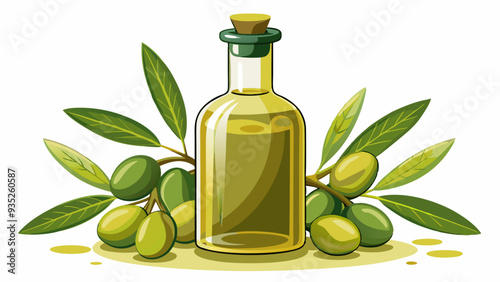 Delicious olive oil in a glass bottle and green olives with leaves, isolated on white background.	