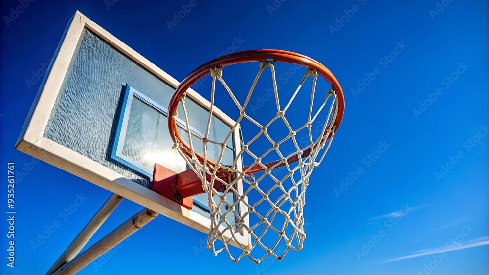 Close-up of a basketball hoop with a clear blue sky in the background, basketball, hoop, sports, equipment, outdoor, game, recreation Close-up of a basketball hoop with a clear blue sky in the background, basketball, hoop, sports, equipment, outdoor, game, recreation