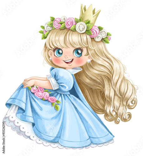 Cute cartoon Princess in lush blue dress with a wreath on head and flowers at the hem of her dress watercolor paint