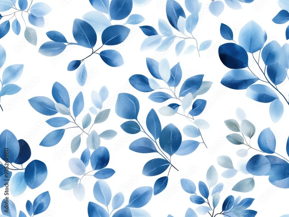 A seamless watercolor illustration of boho blue leaf motifs featuring natural elements, set against a white background. A seamless watercolor illustration of boho blue leaf motifs featuring natural elements, set against a white background.