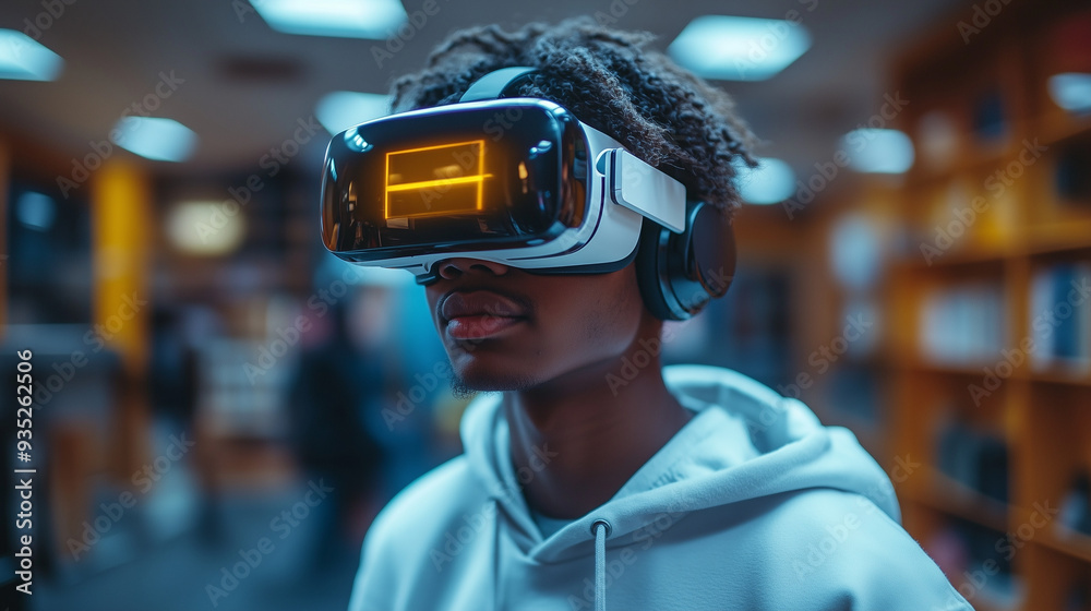 Black African American gen z teenager gaming with a VR headset. futuristic look. Black African American gen z teenager gaming with a VR headset. futuristic look.