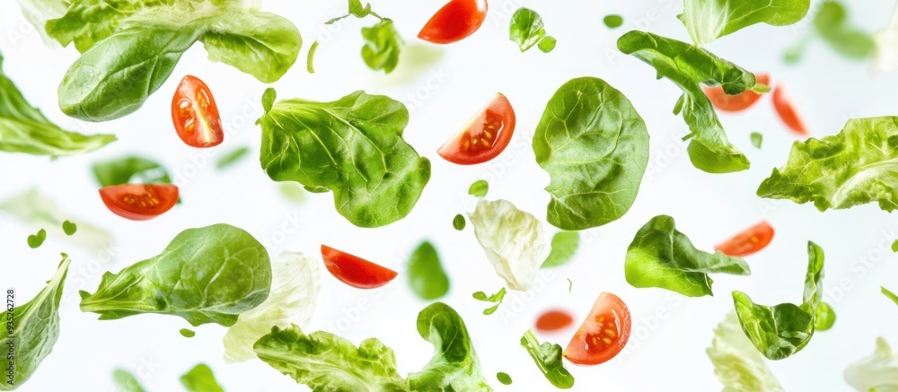 Flying Salad Ingredients: Tomatoes and Lettuce in Mid-Air Flying Salad Ingredients: Tomatoes and Lettuce in Mid-Air