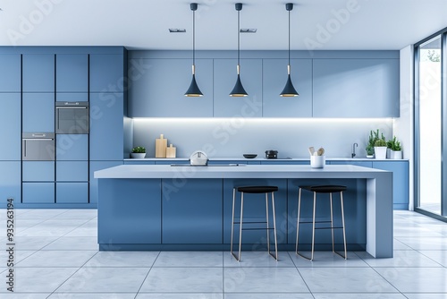 Minimalist blue kitchen with an island, featuring a modern design and white tiles.
