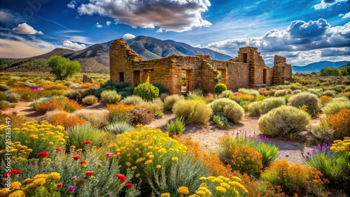 Rustic Ancient Ruins amidst Vibrant Desert Flora photo