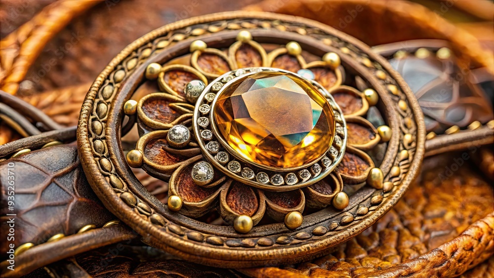 Intimate close-up of Topaz-encrusted antique brooch with worn leather strap, capturing intricate details, warm patina, and nostalgic sentimentality Intimate close-up of Topaz-encrusted antique brooch with worn leather strap, capturing intricate details, warm patina, and nostalgic sentimentality