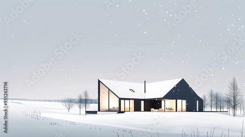 A minimalist Scandinavian house with clean lines and a snowy landscape , vector illustrations of houses photo