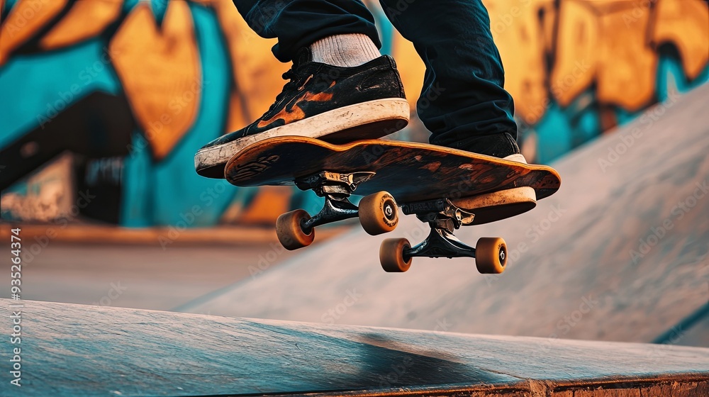 Urban Skateboarder: Impressive Tricks in a Graffiti-Art-Adorned Skate Park
