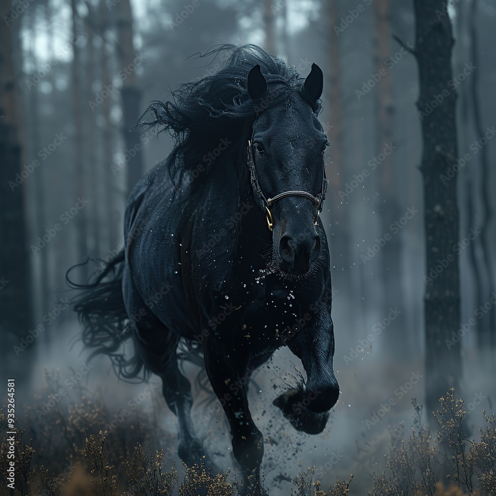 Black Horse Running Through Misty Forest Black Horse Running Through Misty Forest