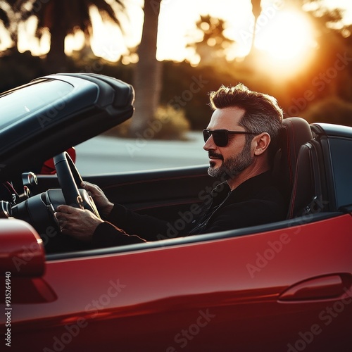 Man in black driving convertible with sunset in view photo