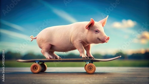 Piggy rolling down a ramp on a skateboard, pig, funny, animal, skateboarding, cute, piggy bank, amusing photo