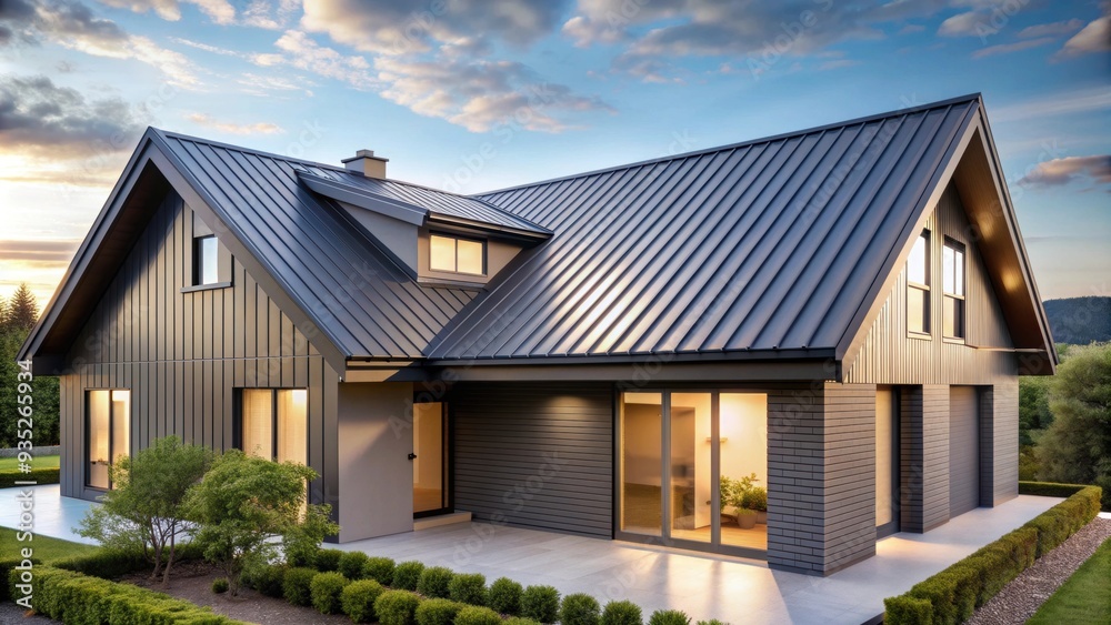House with sleek metal roof , modern, architecture, residential ... - Contemporary Roofing Styles With Metal Roofing