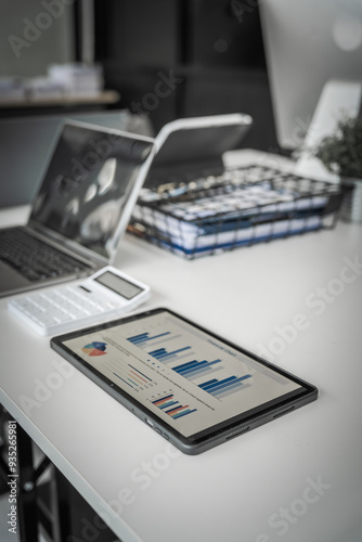 A modern office desk with a laptop, monitor, and plant. sleek, minimal design features open space, technology and productivity. room is empty, offering a clean and organized workspace.