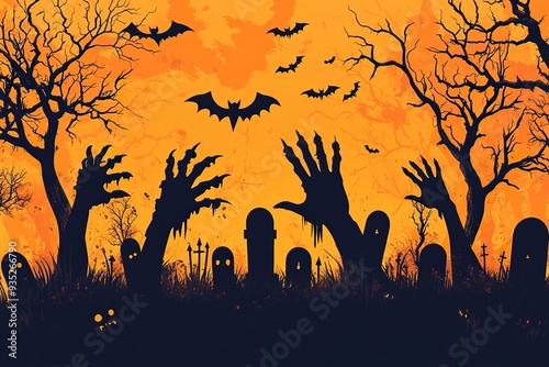 Halloween zombie hands in spider cobweb, holiday horror night cartoon vector poster. Halloween trick or treat party poster.generative ai