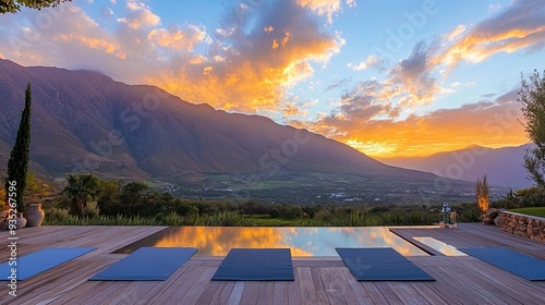 Sunrise Yoga on Rooftop: A serene yoga class unfolding with a breathtaking mountain range in the background at sunrise.