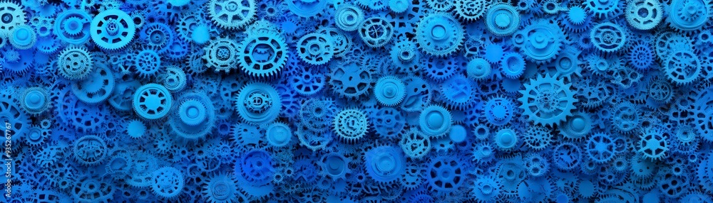 A close-up shot of a wall of blue cogs of different sizes. The cogs are arranged in a chaotic manner, but they all interlock seamlessly. A close-up shot of a wall of blue cogs of different sizes. The cogs are arranged in a chaotic manner, but they all interlock seamlessly.