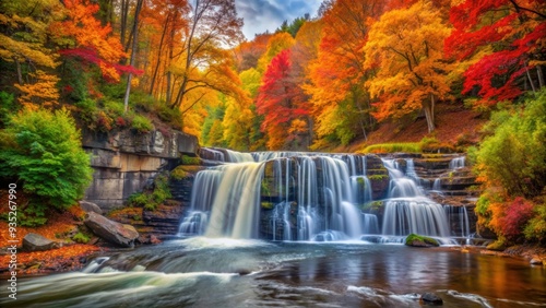 Waterfall surrounded by colorful autumn trees in the forest, fall, foliage, nature, scenic, outdoor, tranquil, foliage