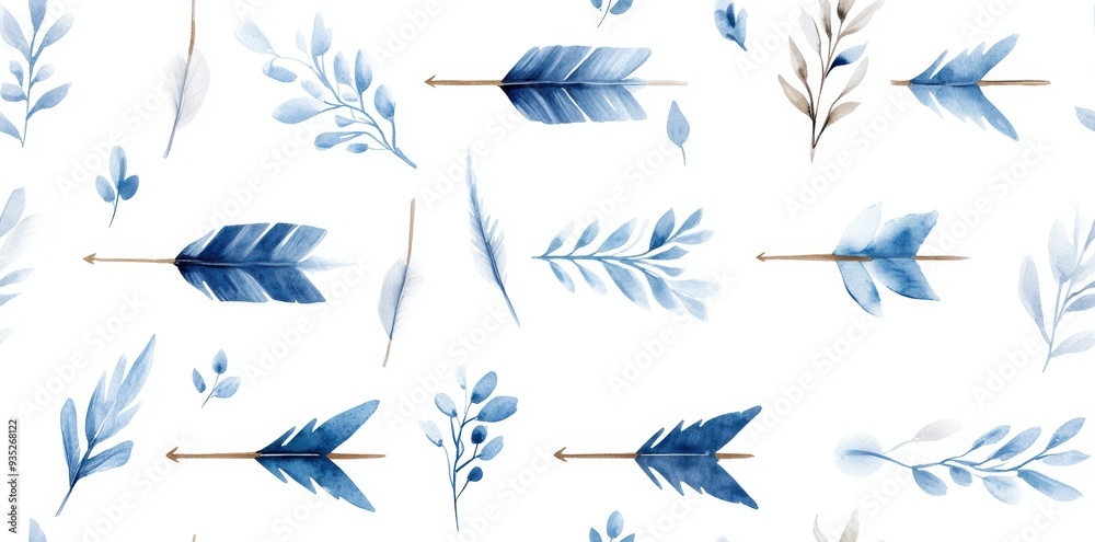 Fototapeta premium A seamless watercolor illustration of blue boho arrows with a rustic tribal design, set against a white background. 