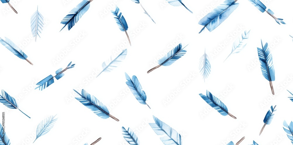 A seamless watercolor illustration of blue boho arrows with a rustic tribal design, set against a white background. A seamless watercolor illustration of blue boho arrows with a rustic tribal design, set against a white background.