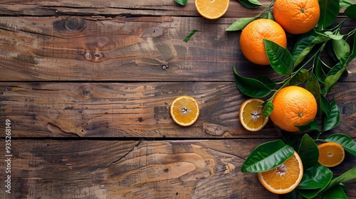 4. Fresh green leaves and zesty oranges positioned at the corner of the shot, sitting on an old brown wooden table. The rustic wooden surface pairs beautifully with the vibrant natural elements, photo