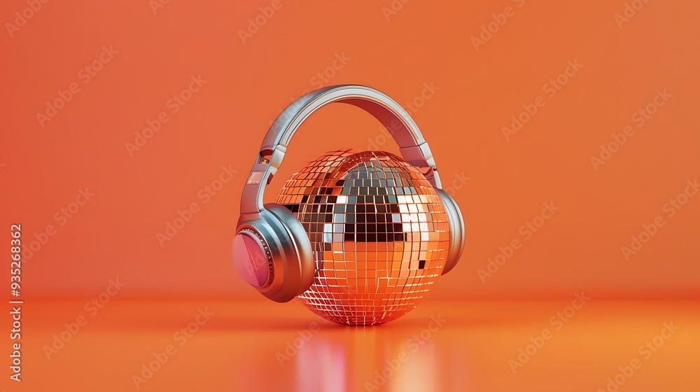 Headphones and a disco ball on an orange background