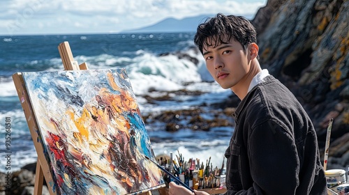 Ocean’s Embrace: A young artist immersed in creativity, painting with passion at an easel by the sea, waves crashing in the background.