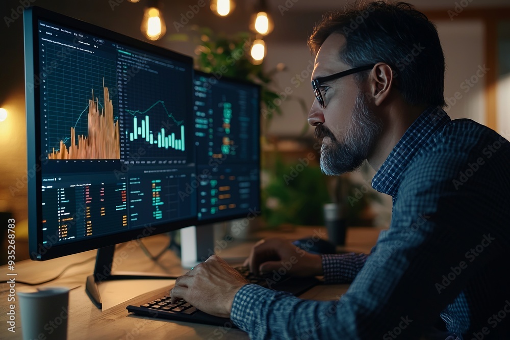 A business analyst reviews scaling data on a computer, with graphs and growth trends displayed on the screen A business analyst reviews scaling data on a computer, with graphs and growth trends displayed on the screen