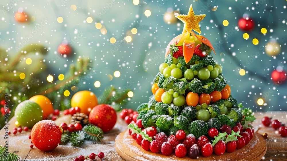 Fototapeta premium Christmas tree shaped food made from fruits and vegetables