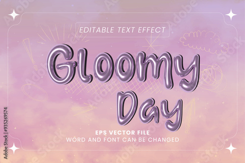 Glossy chrome inflated text on gloomy cloud background 3d editable vector text effect