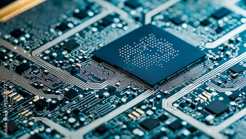Macro shot of the intricate layout of a silicon chip, showing the detailed etchings and tiny connections, with a soft focus on edges.