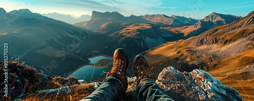 Mountain view from the top, two shoes in foreground