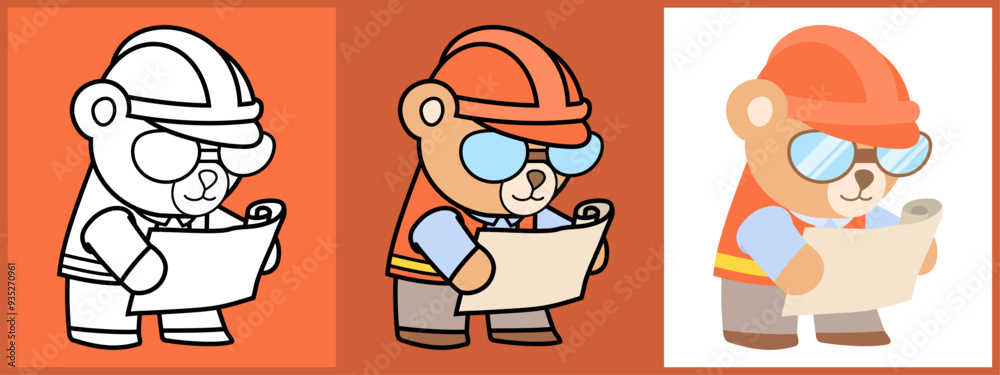 Bear Engineer cartoon character set outline coloring flat vector illustration Bear Engineer cartoon character set outline coloring flat vector illustration