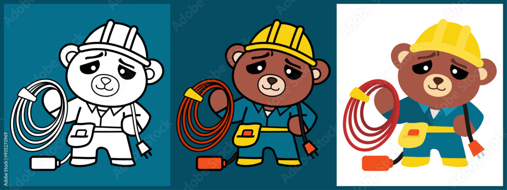 Bear Electrician cartoon character set outline coloring flat vector illustration Bear Electrician cartoon character set outline coloring flat vector illustration